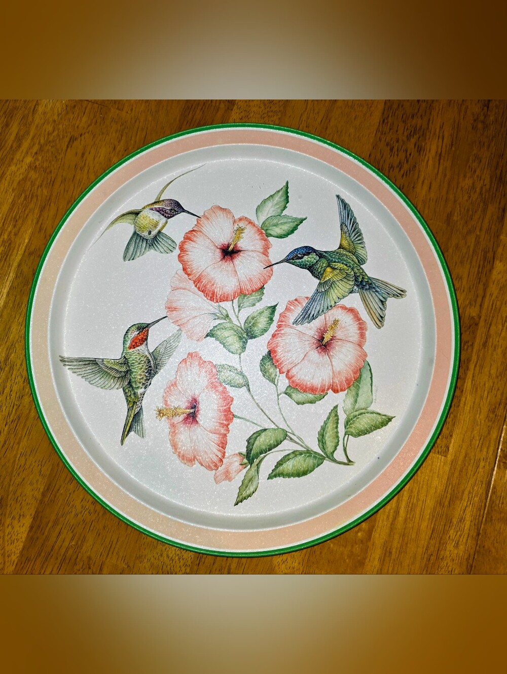Vintage 1993 Potpourri Press Hummingbird Hibiscus Metal Serving Tray Floral Bird